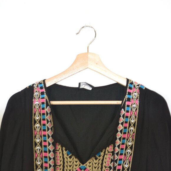 Tolani Embroidered Peasant Boho Art To WearTunic Dress Womens V Neck Tassel Tie - Picture 3 of 9